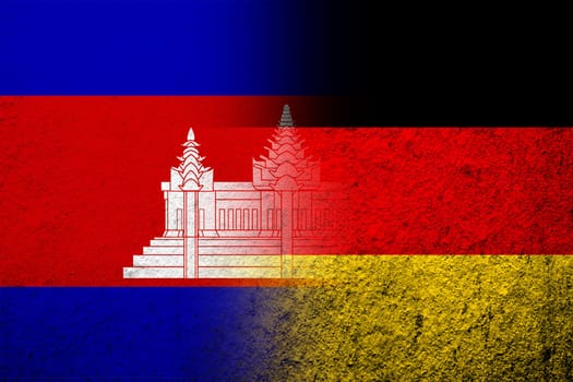 The national flag of Germany with The Kingdom of Cambodia National flag. Grunge background