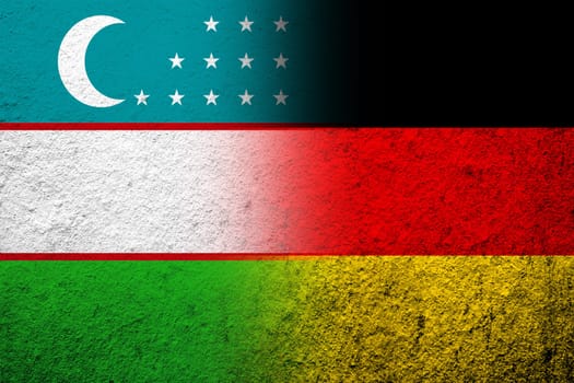 The national flag of Germany with The Republic of Uzbekistan National flag. Grunge background