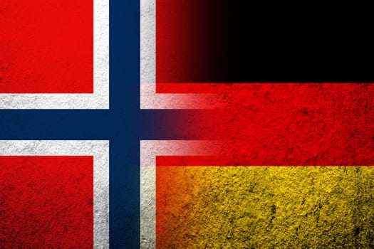 The national flag of Germany with The Kingdom of Norway national flag. Grunge background