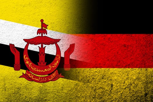 The national flag of Germany with the Nation of Brunei National flag. Grunge background