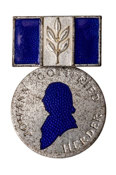 Potsdam, Germany - MAY 06, 2022. Close-up of an old medal by Johann Gottfried Herder. Ca. 1958. Poet, theologian, philosopher. Clipping path. Awarded to meritorious Russian teachers in GDR.