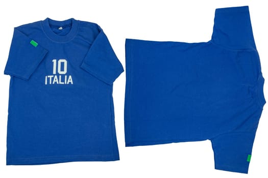 Blue t-shirt for kids. Soccer or polo shirt with the inscription italia and the number ten. Isolated on white background. Summer fashion kids. Front and Back view.