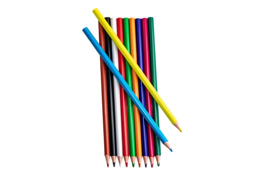 Eleven different colored wood pencils or crayons isolated on white background. Back to school and education concept. Clipping path.