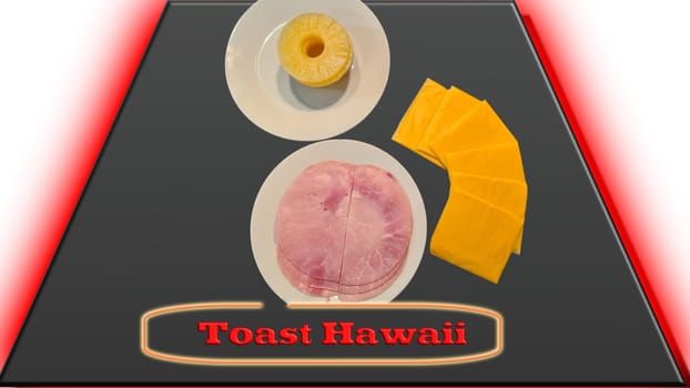 Hawaiian toast with ham, cheese and pineapple on a cutting board on a dark background, horizontal