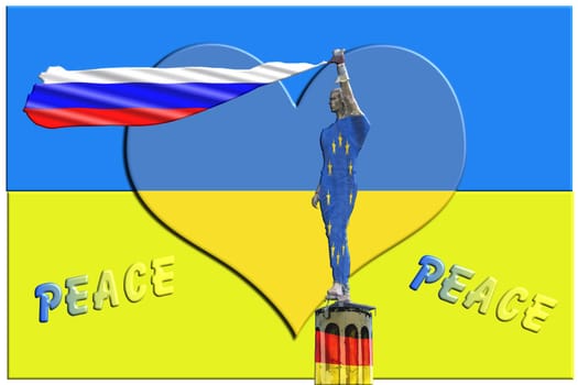 Ancient stone statue draped in a European flag holds a Russian flag in his hand.