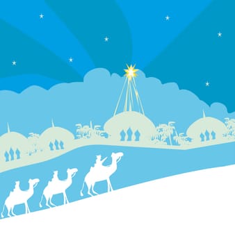 Classic three wise men scene and shining star of Bethlehem