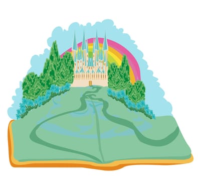 Magic world of tales, fairy castle appearing from the book