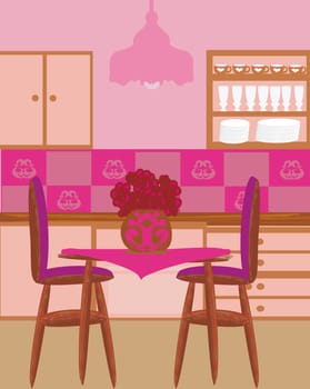 interior kitchen room in brown and pink tones.