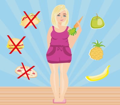 woman chooses between healthy and unhealthy food