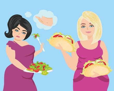 woman chooses between healthy and unhealthy food