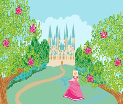 Beautiful queen in front of her castle