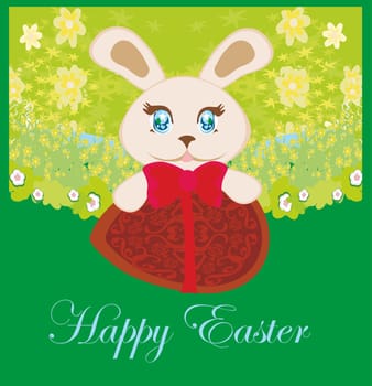 Illustration of happy Easter bunny carrying egg