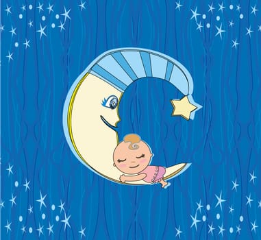 cute little girl sleeping on moon
