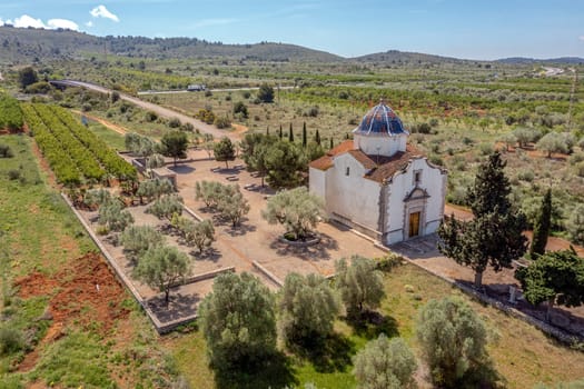 Hermitage of Calvary, in Alcala de Chivert Province of Castellon, Spain, is a construction of Valencian baroque style, aerial panoramic view