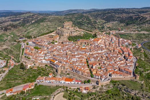 A panoramic view of Morella, Maestrazgo in Valencia, Spain, Aerial panoramic view