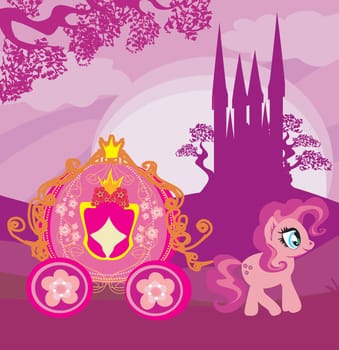 Carriage at sunset. Illustration horse, carriage and a medieval castle.