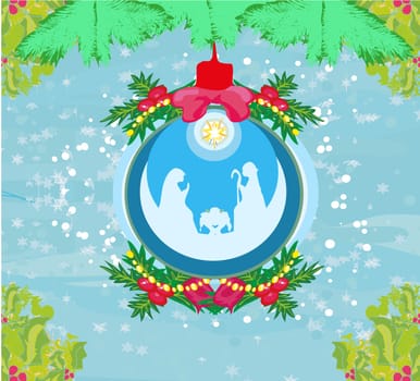 Christian Christmas nativity scene of baby Jesus in transparent ball hanging on abstract background