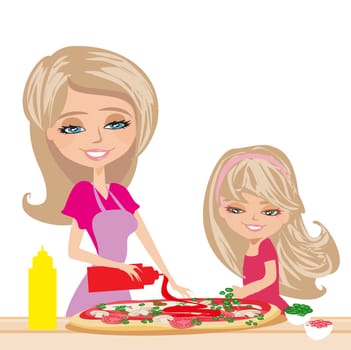mother with daughter preparing pizzas