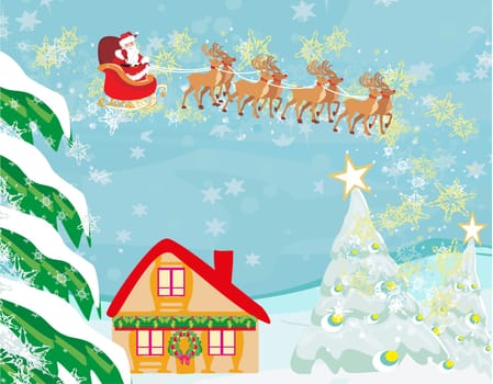 Happy New year card with Santa and winter landscape
