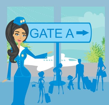 Beautiful stewardess and tourists at the airport