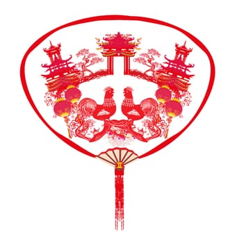 Decorative opened fan with patterns of Year of rooster design for Chinese New Year