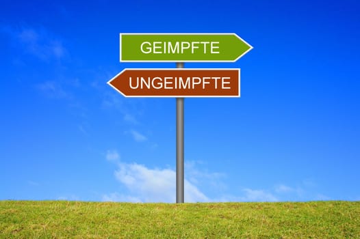 Signpost outside is showing Vaccinated and Unvaccinated People in german language