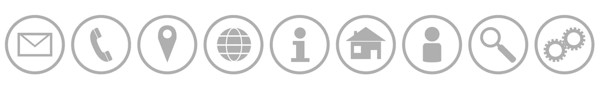 9 grey Business Icons in Circle - Contact, Hotline, Addresse Web, Information, Location, Account, Search and Settings