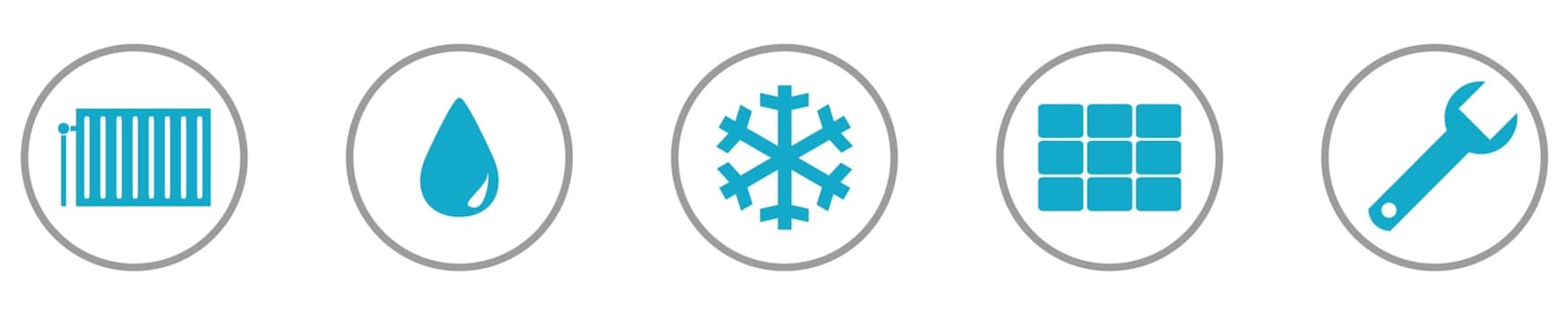 5 Icons in circle blue grey showing Sanitary Service: Heating, Water, Air Condition, Solar and Repairing and Maintenance