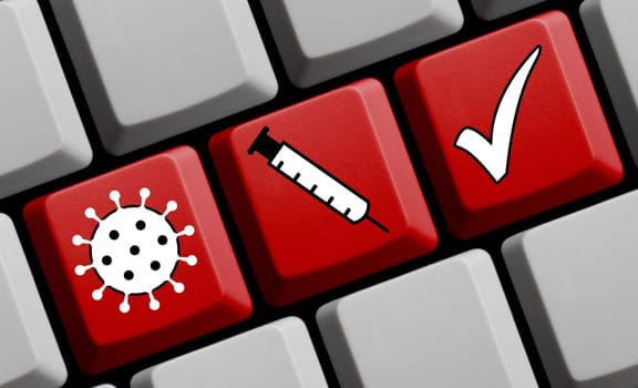 Coronavirus Vaccination - Syringe and Covid-19 symbol on red computer keyboard 3D illustration