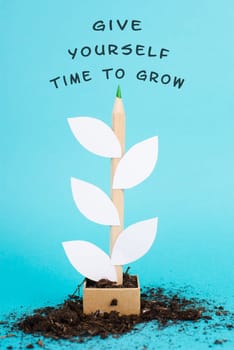 Plant made from a pencil and paper, the phrase give yourself time to grow is standing on top, motivation, education and business concept
