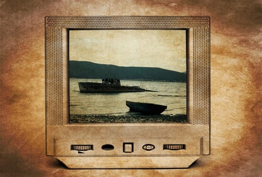 Old rusty abandoned ruined boat on TV