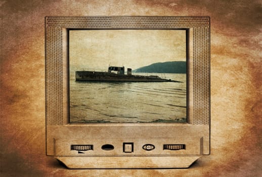 Old rusty abandoned ruined boat on TV