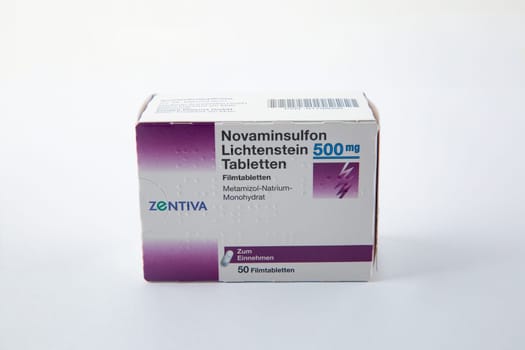 WETZLAR, GERMANY - 2022-04-05: Novaminsulfon Lichtenstein Pills 500mg - is a prescription Painkiller with the active ingredient Metamizole.