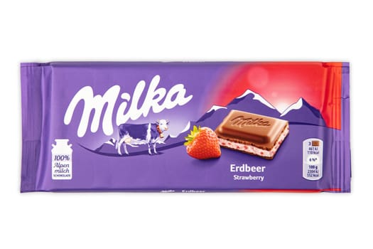 WETZLAR GERMANY - 2022-04-11: Milka chocolate bar on white background. Milka milk chocolate bar. Milka is a brand of chocolate confection which originated in Switzerland in 1901.