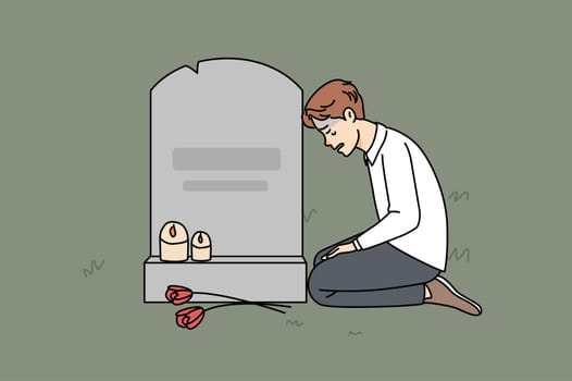 Sad man sitting near grave at cemetery mourning after passed wife or mother. Unhappy desperate widower put flowers and candles on memorial day yearning and missing. Vector illustration.