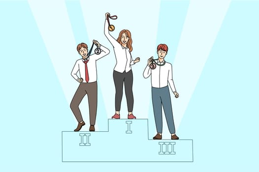 Confident businesswoman with golden medal on podium