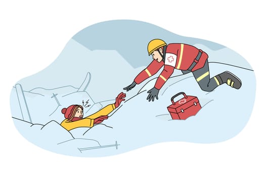 Lifesaver helping skier buried in avalanche after severe snowstorm. Rescuer find people in snow at ski resort. Lifesaving and rescuing operation. Flat vector illustration.