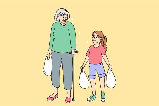 Teen girl carry bags helping elderly woman with grocery shopping. Kind caring granddaughter hold products help old grandmother with heavy packages. Older and younger generation. Vector illustration.