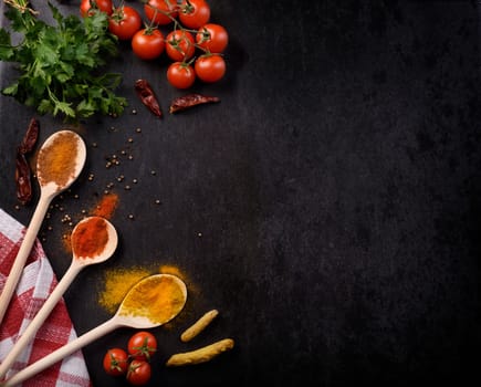 Various spices on rustic black background with copyspace.