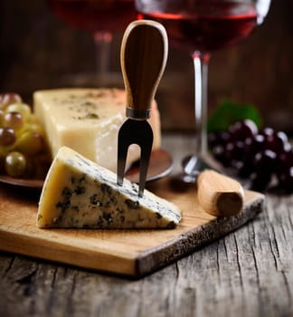 Blue cheese slice and red wine on wooden table.