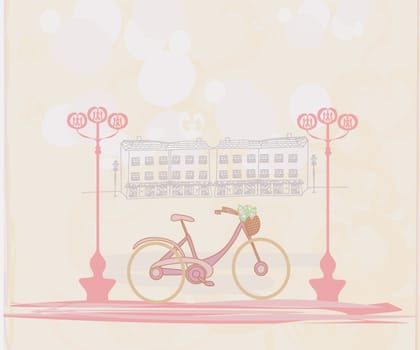 Pink Retro Bicycle with Flowers over City - card