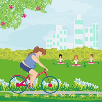 Overweight woman ride on bike