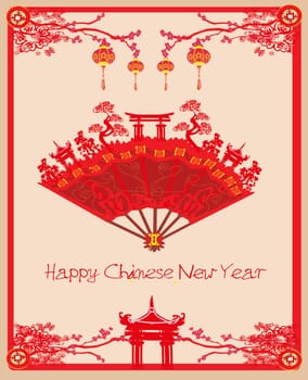 Beautiful Japan abstract ancient buildings - Happy Chinese New Year card