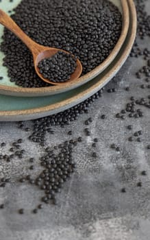 Plate of dry black lentils beans with a spoon on grey table close up, copy space. Healthy eating, protein source for vegan and vegetarian diet. Traditional Asian and North African cuisines ingredient
