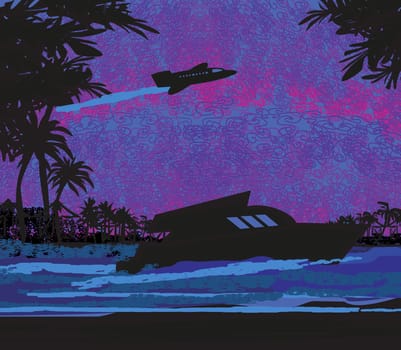 Airplane and motorboat  in the sunset