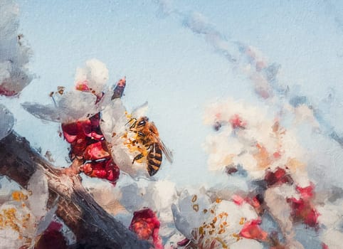 Painting of a bee collecting flower pollen. Closeup honeybee and a blooming apricot tree. Spring season scene