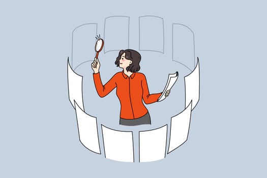 Happy confident businesswoman with magnifying glass search for new career opportunities. Smiling female employee with magnifier discover papers and documents for employment. Vector illustration.