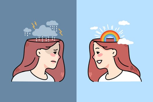 Young woman with bad mood and good mood. Unhappy and happy girl emotions. Concept of human emotional state and mindset. Flat vector illustration.