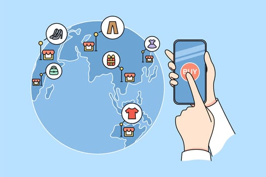 Person hold cellphone shopping online around the world. Client or buyer use modern smartphone buy on internet with web application. Technology concept. Vector illustration.