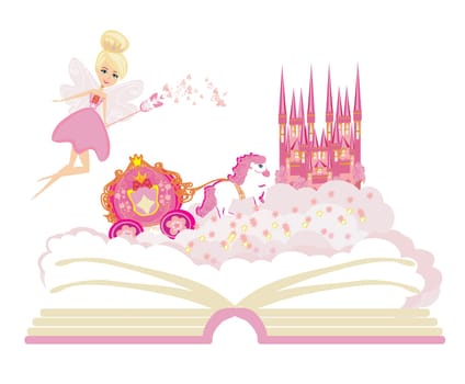Magic world of tales, fairy castle appearing from the book